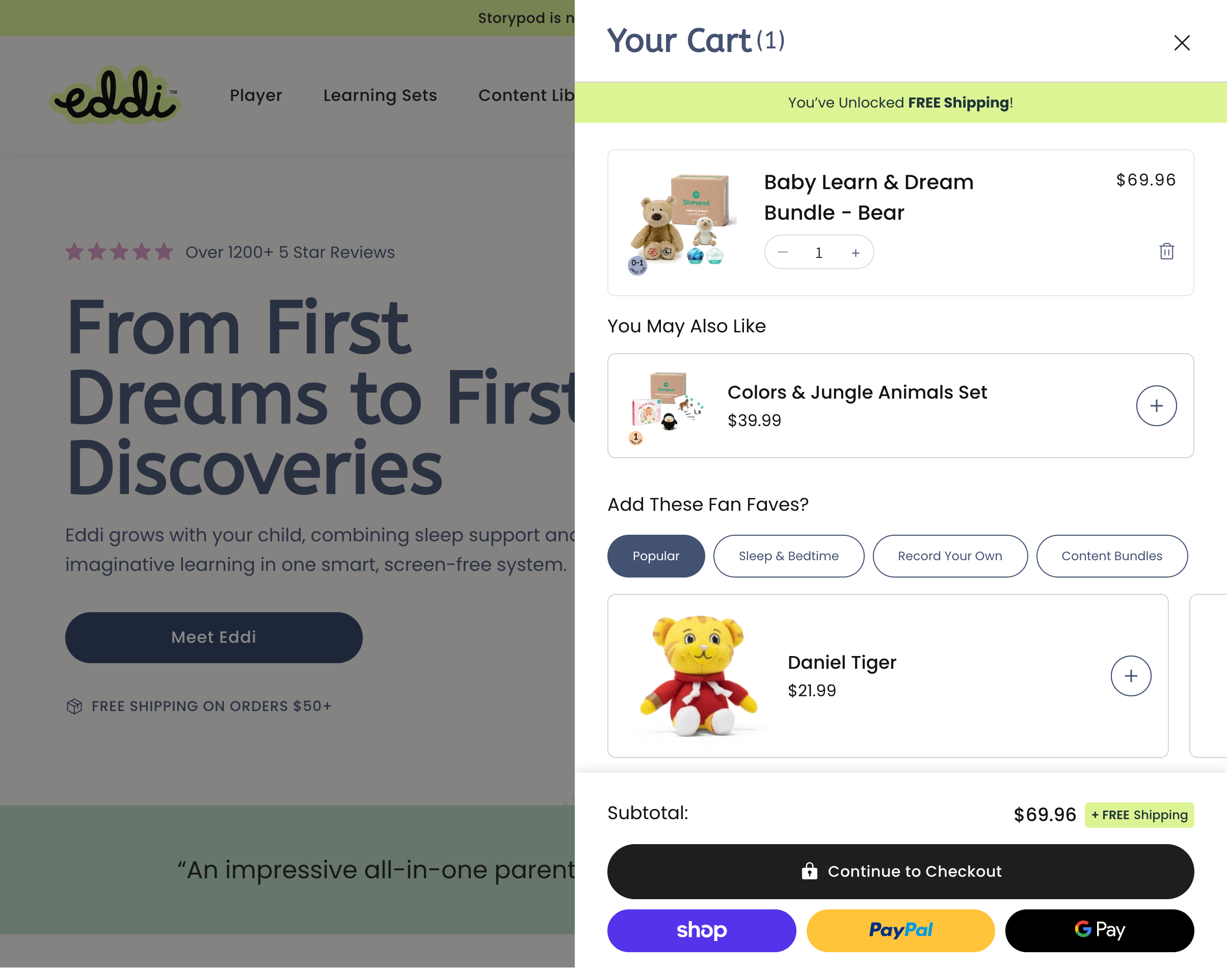 Eddi cart drawer with upsells, fan favorites, and express checkout