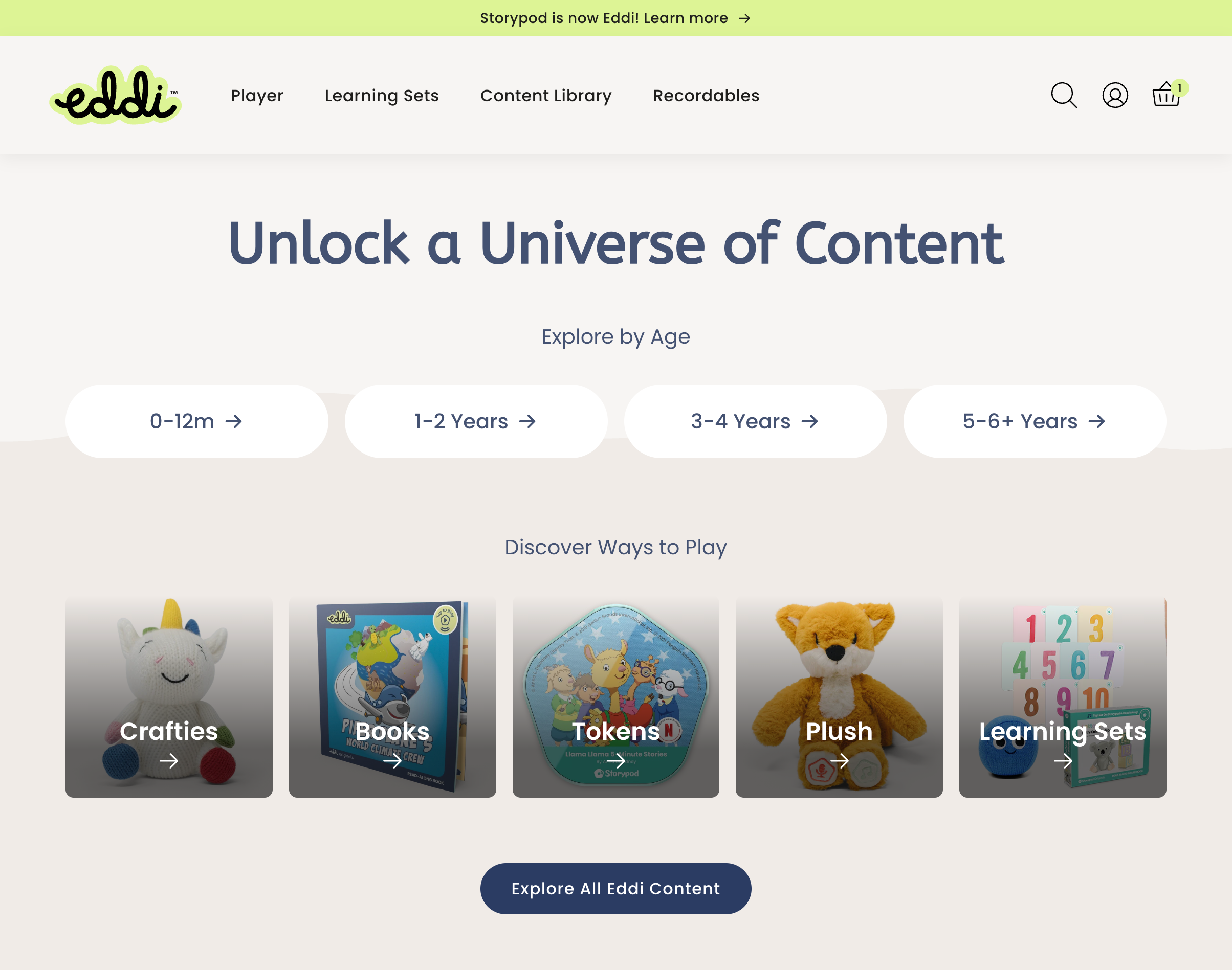 Eddi content discovery section with age filters and product categories